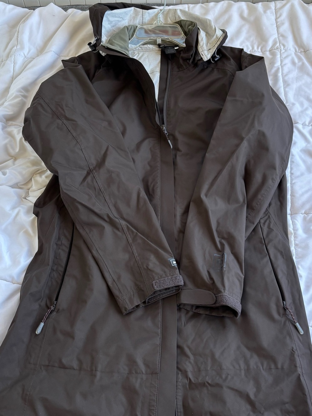 REI Elements Women's Long Rain Jacket Trench Brown Hooded Waterproof Nylon M